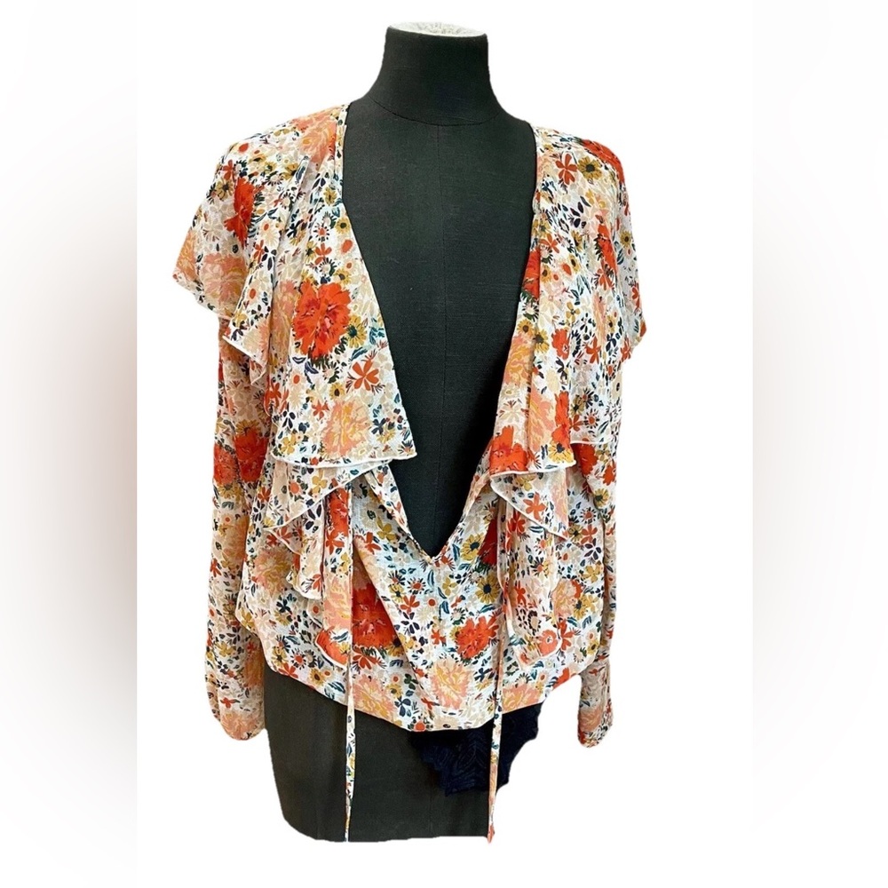 🆕Free People long sleeved v neck floral body suit size‎ Small peach floral NWT